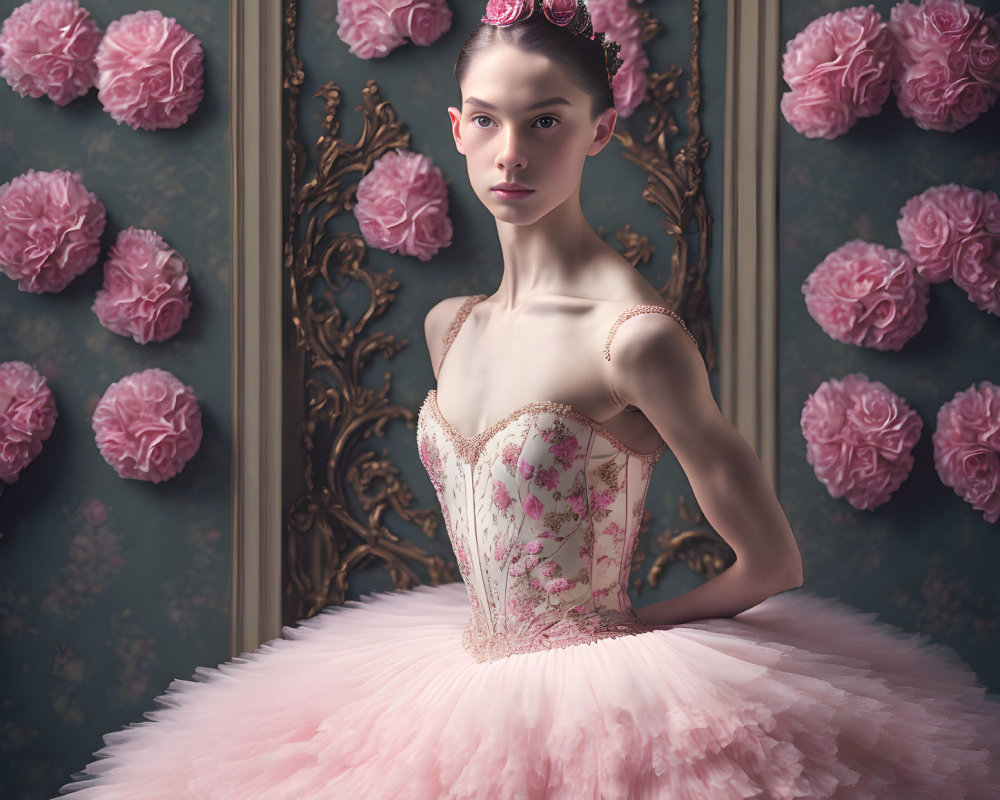 Poised individual in pink tutu and floral corset against rose-adorned wall