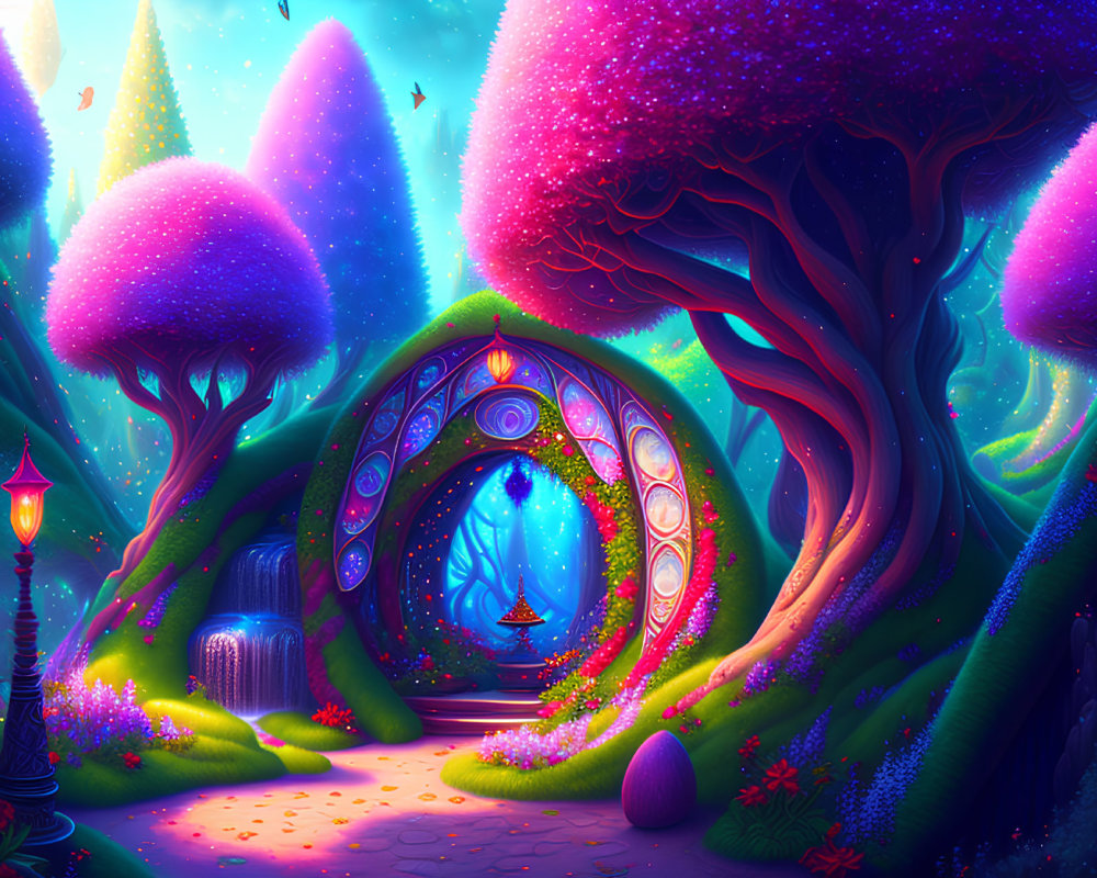 Fantasy landscape with luminescent trees and glowing portal