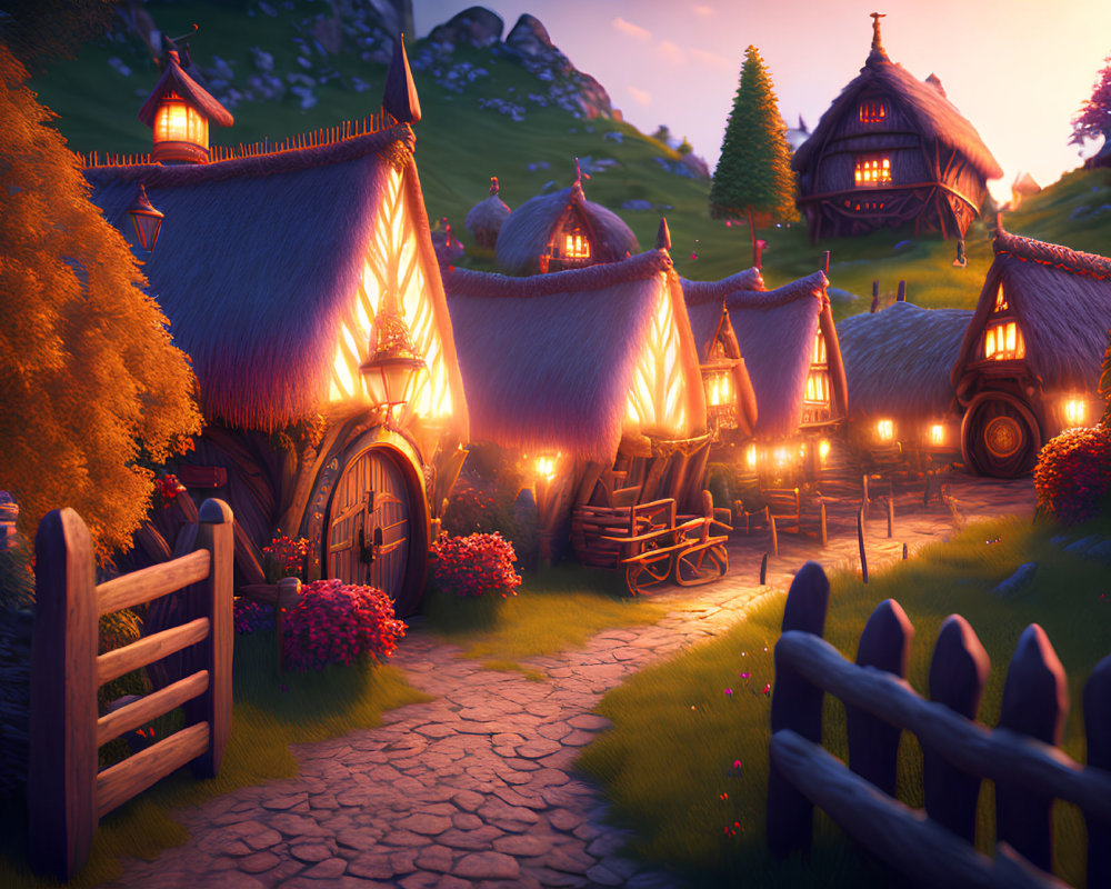 Charming Twilight Scene of Thatched-Roof Village