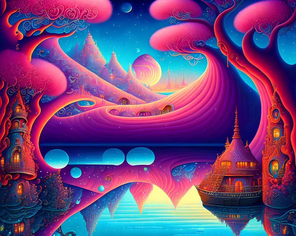 Fantastical landscape with purple trees and ornate buildings