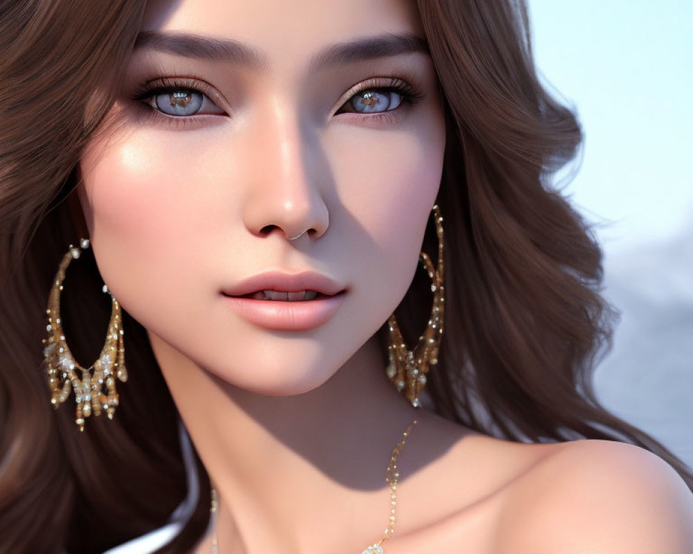 Detailed Close-Up of 3D-Rendered Woman with Brown Hair and Gold Jewelry