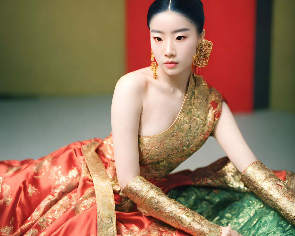 Traditional Asian Attire Woman with Gold Jewelry on Red and Yellow Background