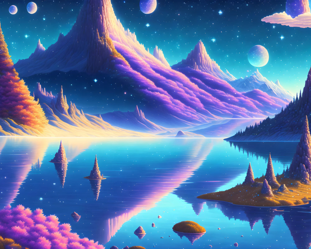 Colorful Fantasy Landscape: Purple Skies, Moons, Lake, and Mountains