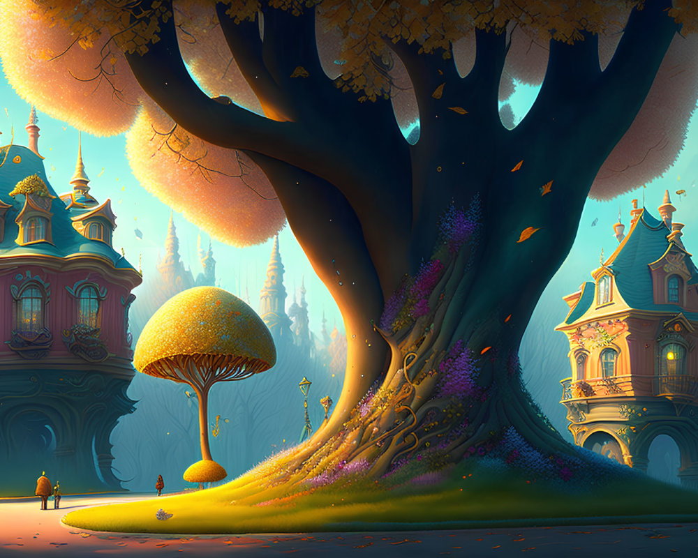 Fantasy illustration of magical tree, glowing mushrooms, colorful plants, and ornate houses