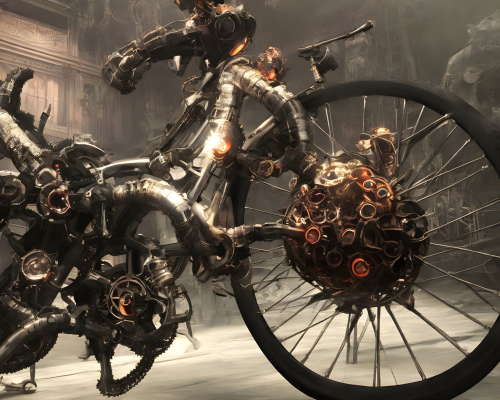 Steampunk-clad figure on futuristic motorcycle in dystopian scene