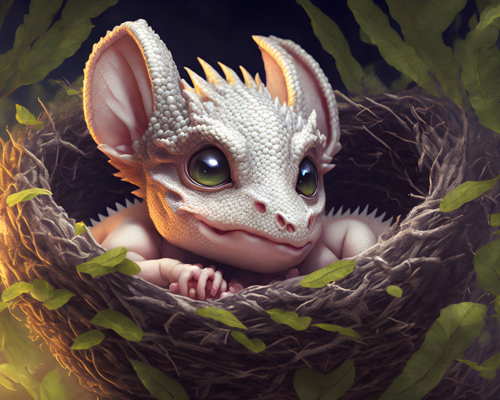 Cute fantasy creature with big eyes in leafy nest