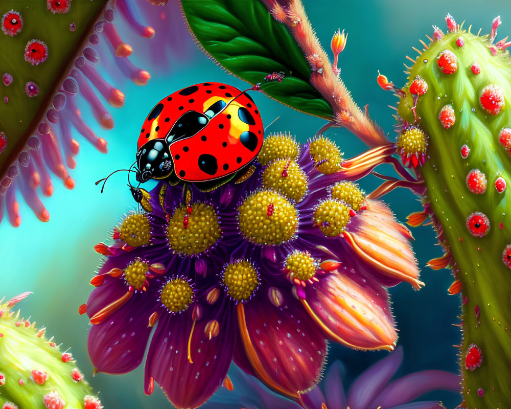 Colorful Ladybug on Purple and Yellow Flowers with Green Stems