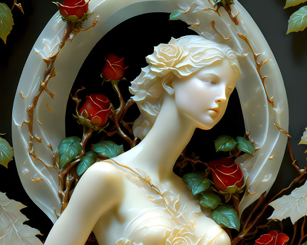 Sculpture of Woman with Roses and Vines in Crescent Moon Frame