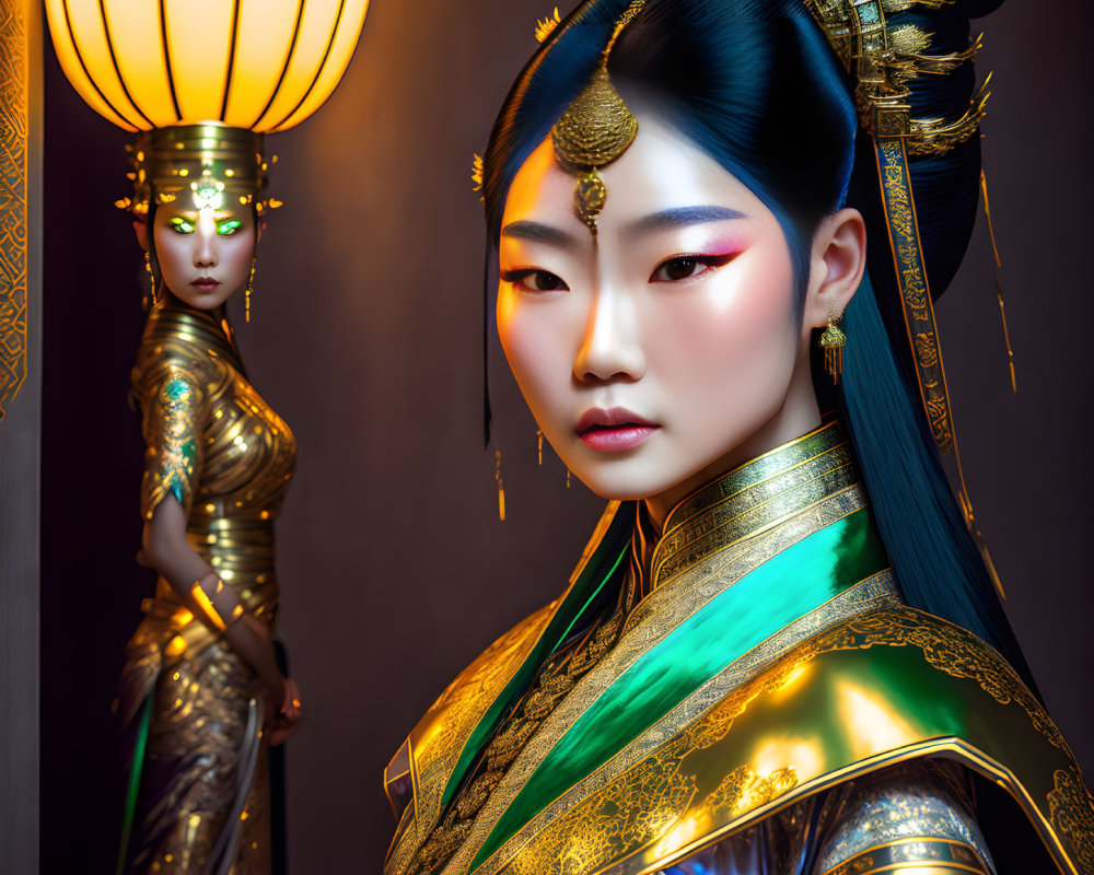 Illustration of two women in traditional Asian attire with intricate gold jewelry and headdresses, bold makeup,