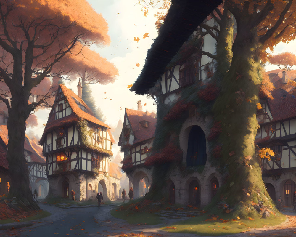 Tranquil village scene with half-timbered houses and autumnal trees