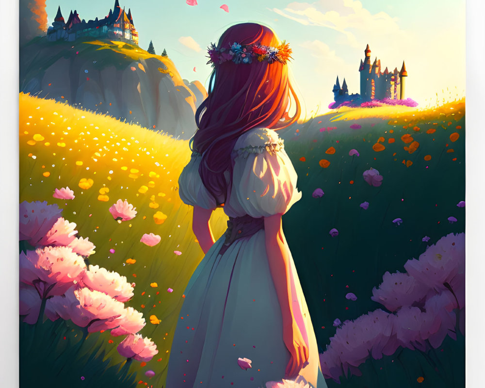 Woman in flowing dress and flower crown gazes at distant castles in vibrant meadow at sunset