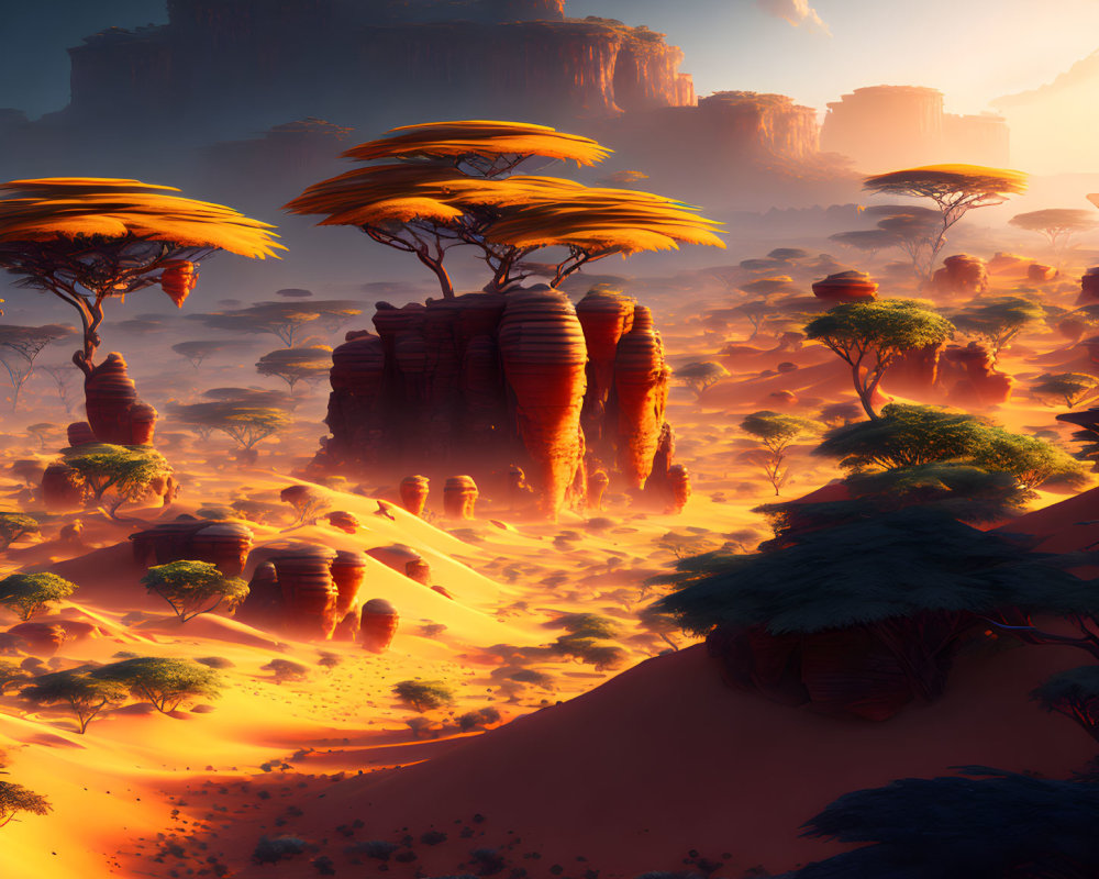 Mystical desert landscape with towering rock formations and golden sunset hues