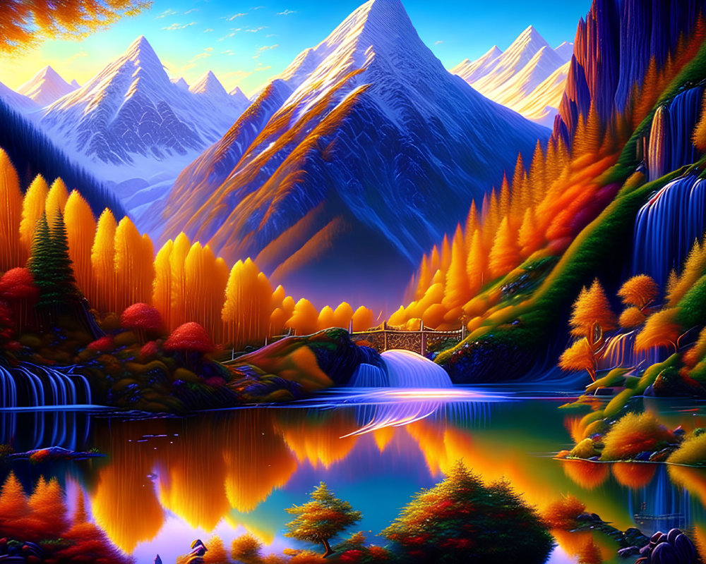 Colorful Trees, Waterfall, Lake, Snow-Capped Mountains in Digital Art