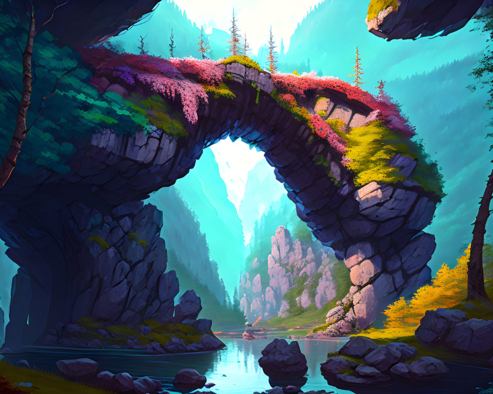 Colorful Flora-Covered Stone Arch Over Serene Lake