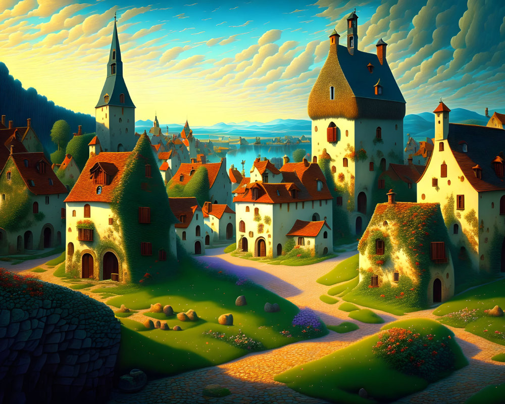 Whimsical fantasy village with castle, church tower, and quaint houses