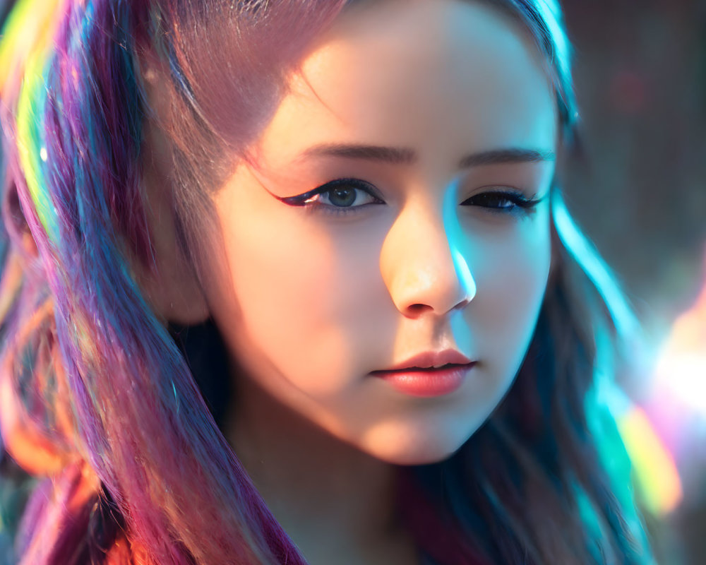 Vibrant Dyed Hair and Striking Makeup under Colorful Lighting