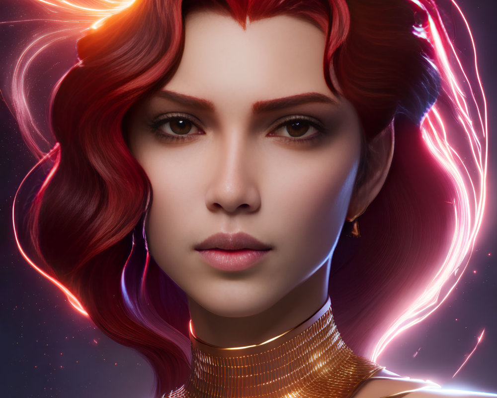 Red-haired woman with intense gaze and glowing light strands portrait.