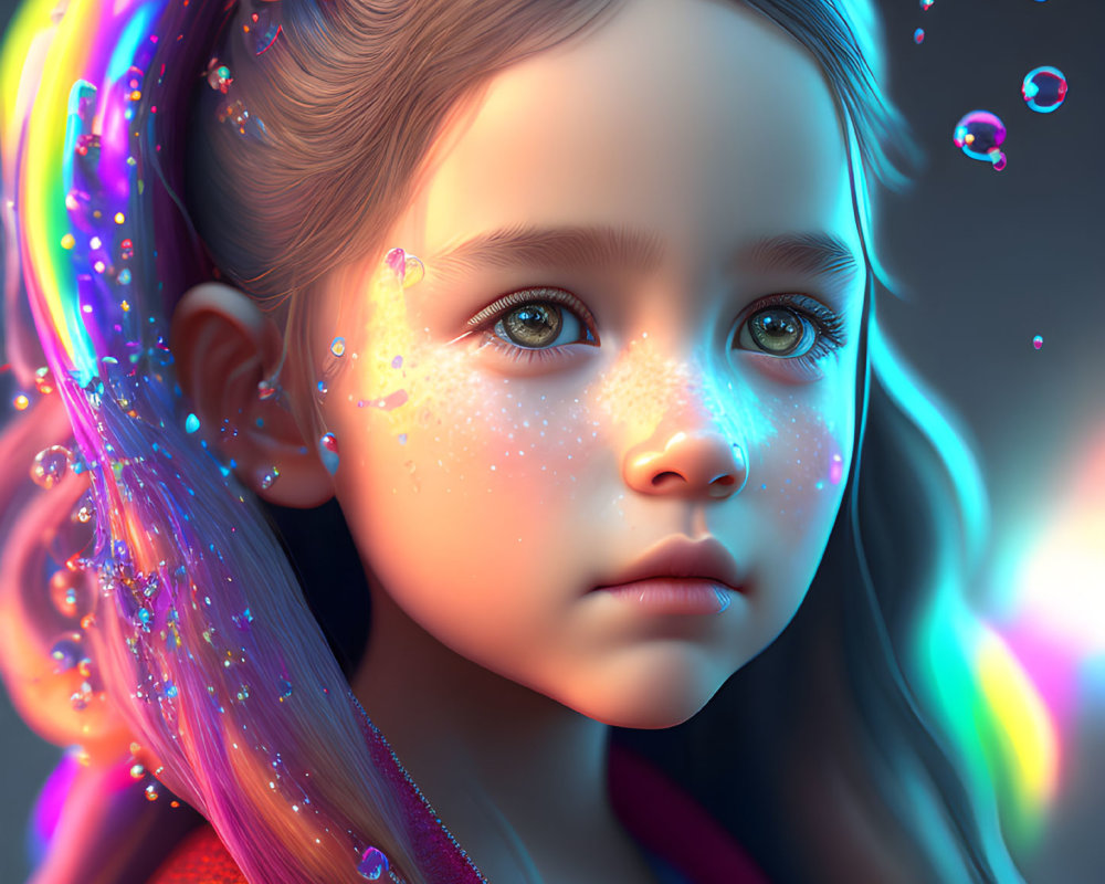 Colorful Digital Art Portrait of Girl with Sparkling Hair and Blue Eyes