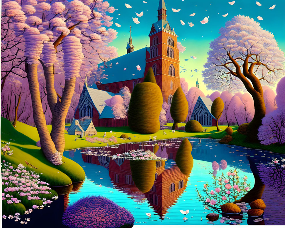 Colorful surreal landscape with church, blooming trees, and reflective lake