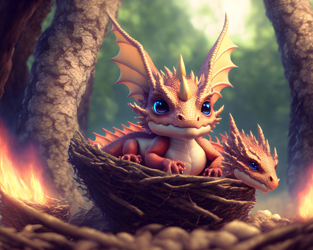 Animated dragons in nest with fires in forest setting.