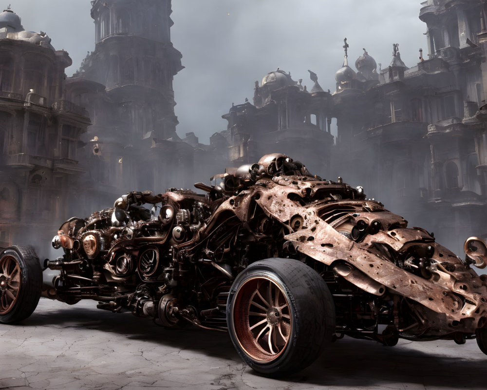 Steampunk-inspired vehicle with bronze machinery and large wheels against Gothic architecture