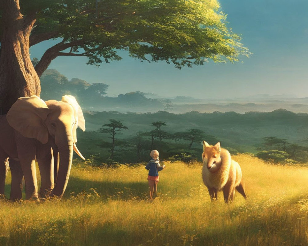 Child, elephant, and giant fox in sunny field with tree and distant forest.