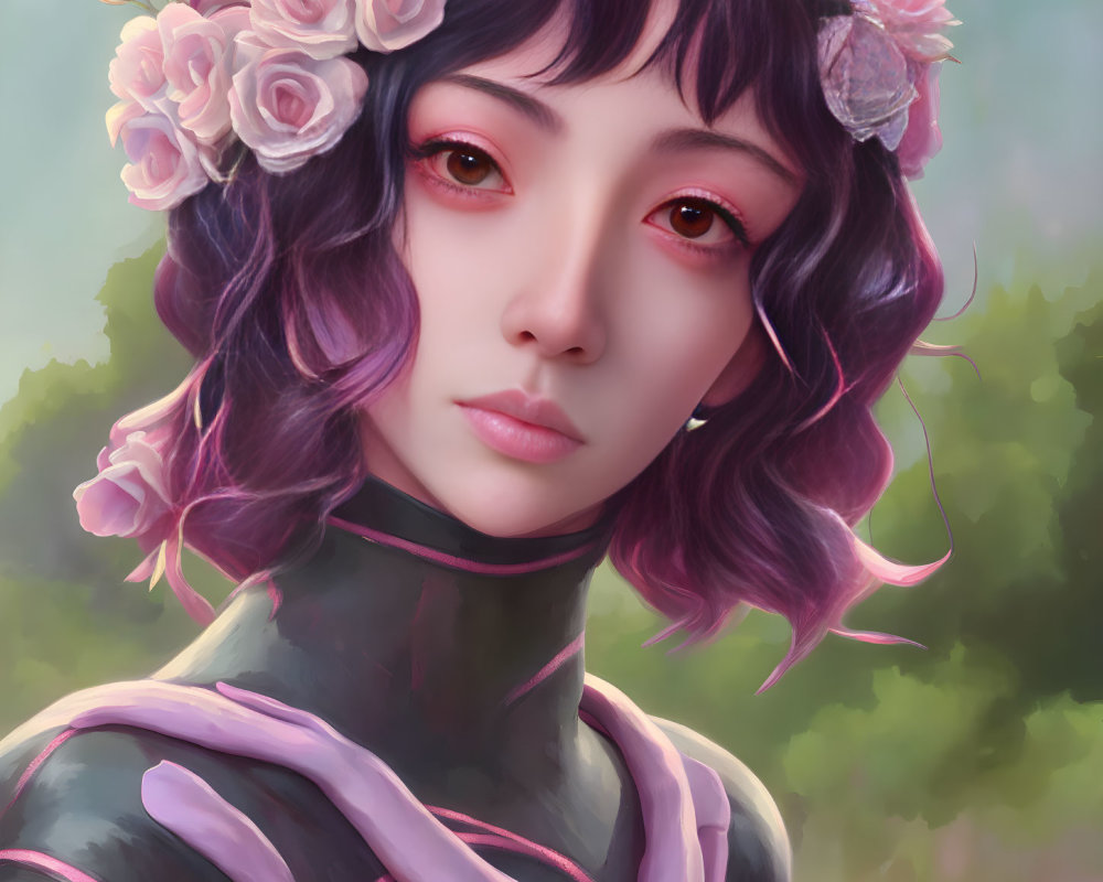 Detailed digital portrait of female with purple hair and floral adornments, featuring warm-toned eyes and delicate