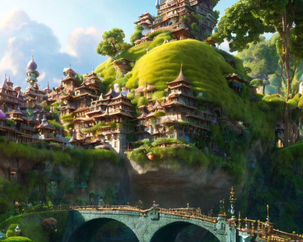 Fantastical oriental landscape with lush architecture and bridges under soft sunlight