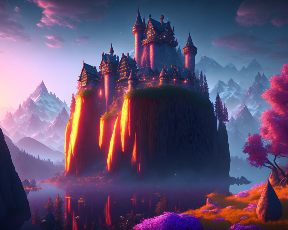 Fantasy castle on steep cliff with lava waterfalls under twilight sky