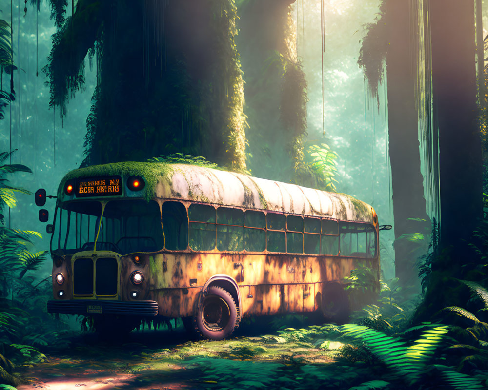 Abandoned school bus in lush greenery under ethereal sunlight