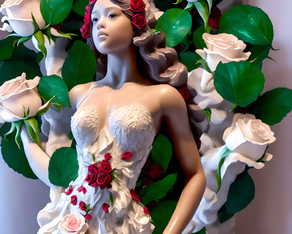 Mannequin in floral dress with red roses and white roses.