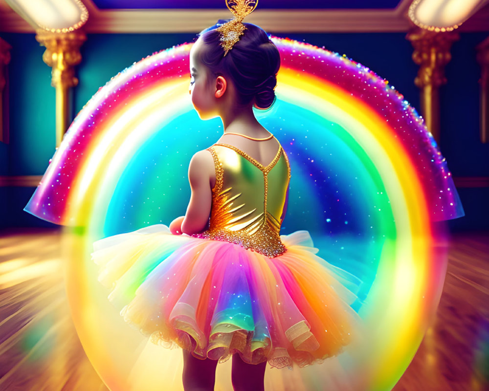 Colorful Ballerina in Rainbow-Lit Dance Hall