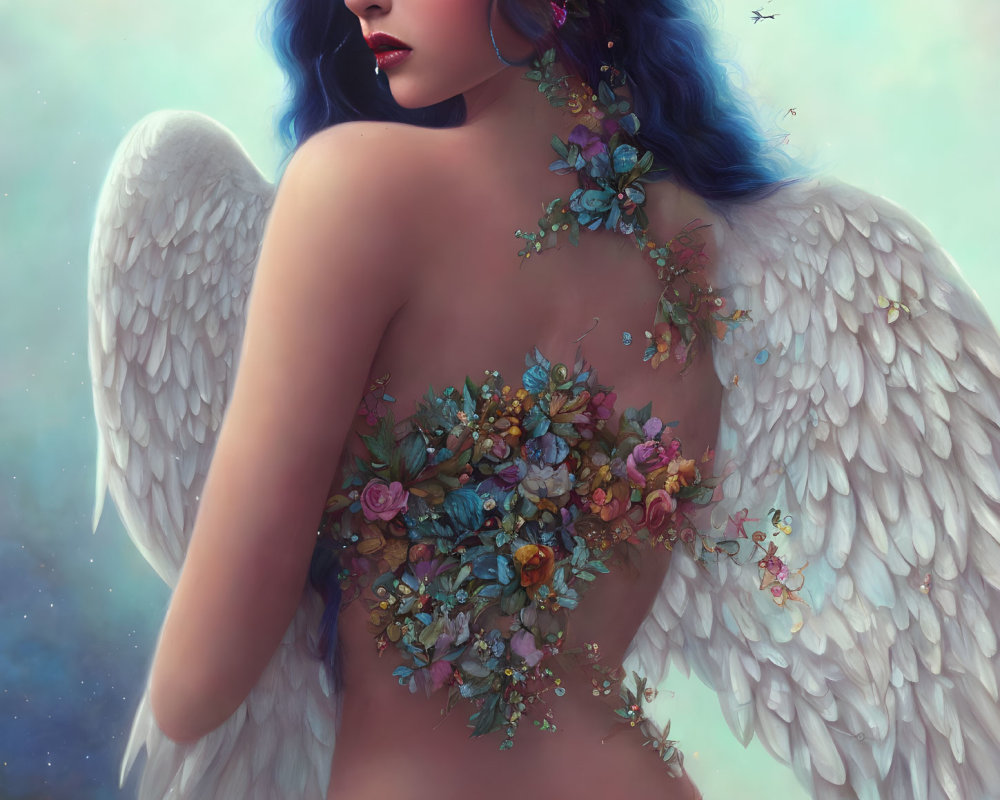 Blue-haired ethereal figure with angel wings and floral adornments on soft background