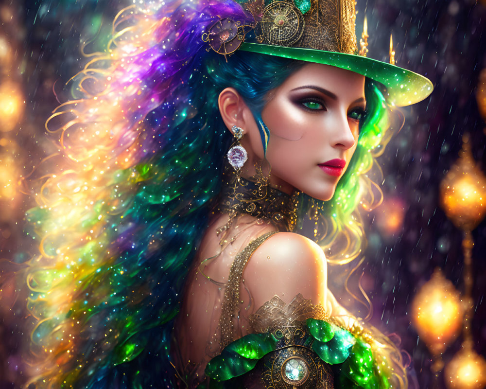 Colorful digital artwork of a woman in opulent green outfit with vibrant hair & shimmering details