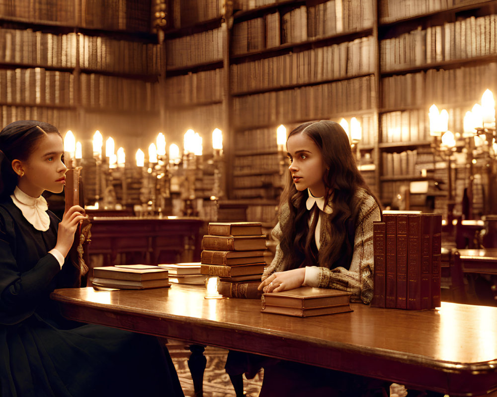 Vintage-styled girls at candlelit library table surrounded by antique books