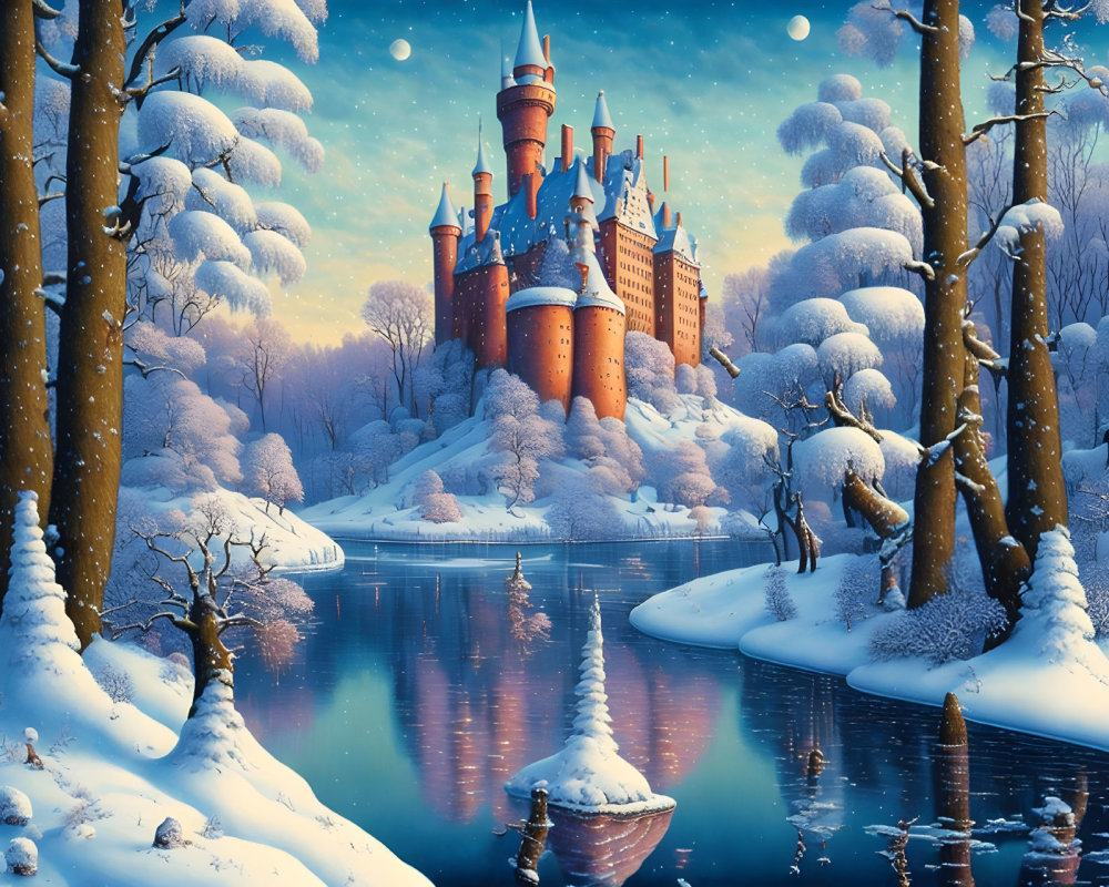 Majestic castle in snow-covered winter landscape with frozen lake