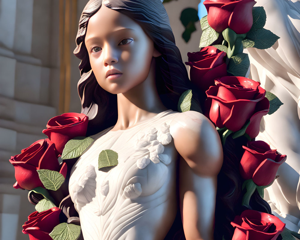 Detailed woman statue with flowing hair and red roses in architectural setting