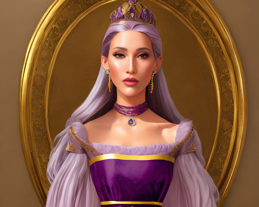 Silver-haired woman in royal purple gown with gold trimmings and jewels in golden oval frame