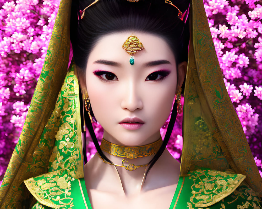 Traditional Asian Attire Woman Illustration with Gold Designs in Pink Blossoms