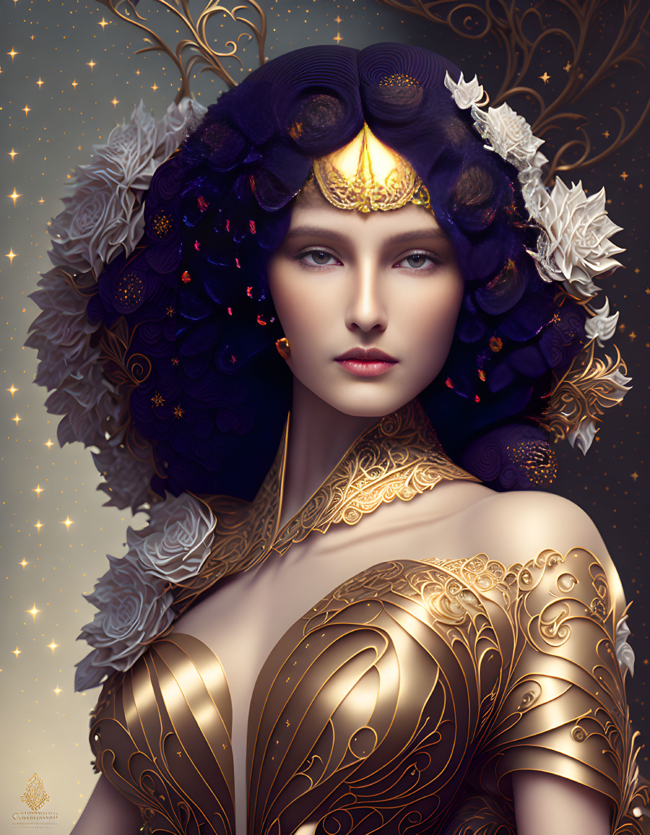 Digital artwork: Woman in ornate gold attire with purple flower and star headdress