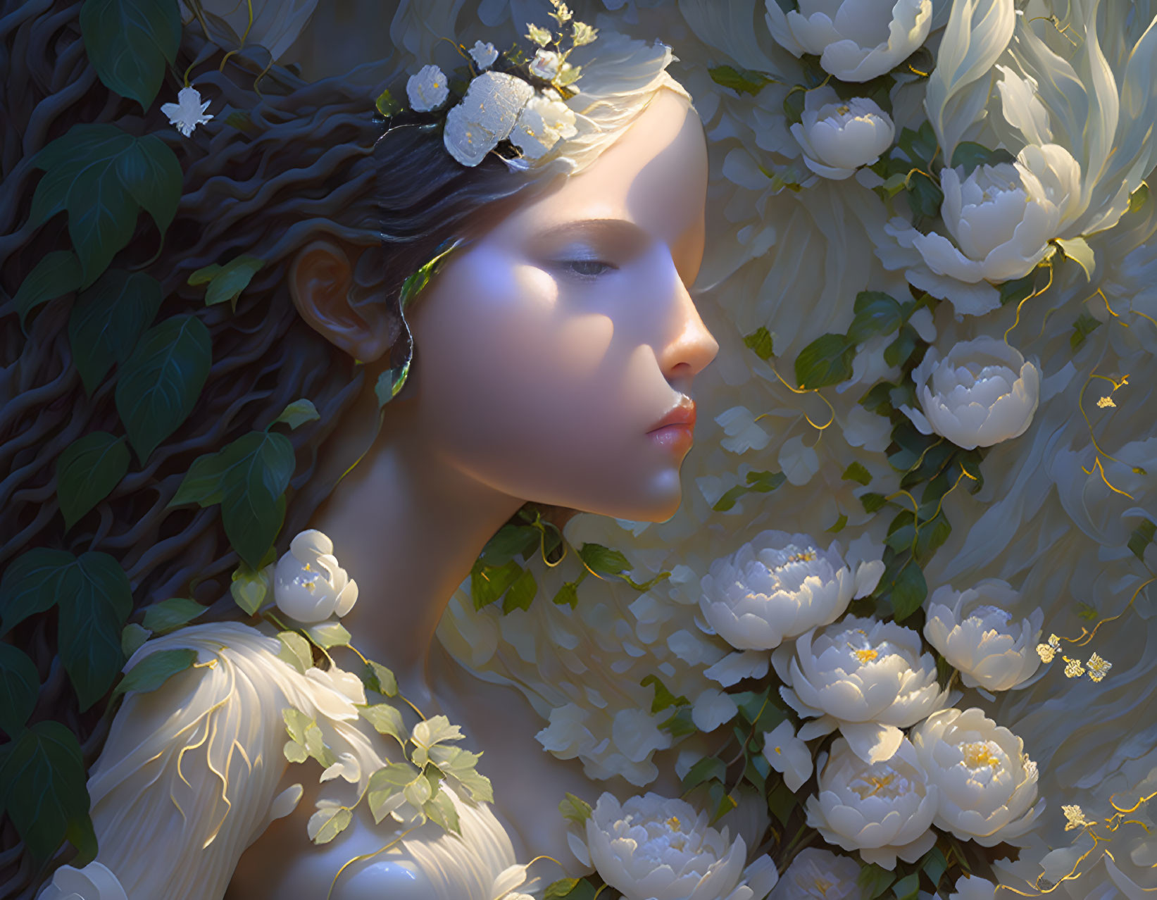 Woman blending with white roses and green foliage in serene portrait