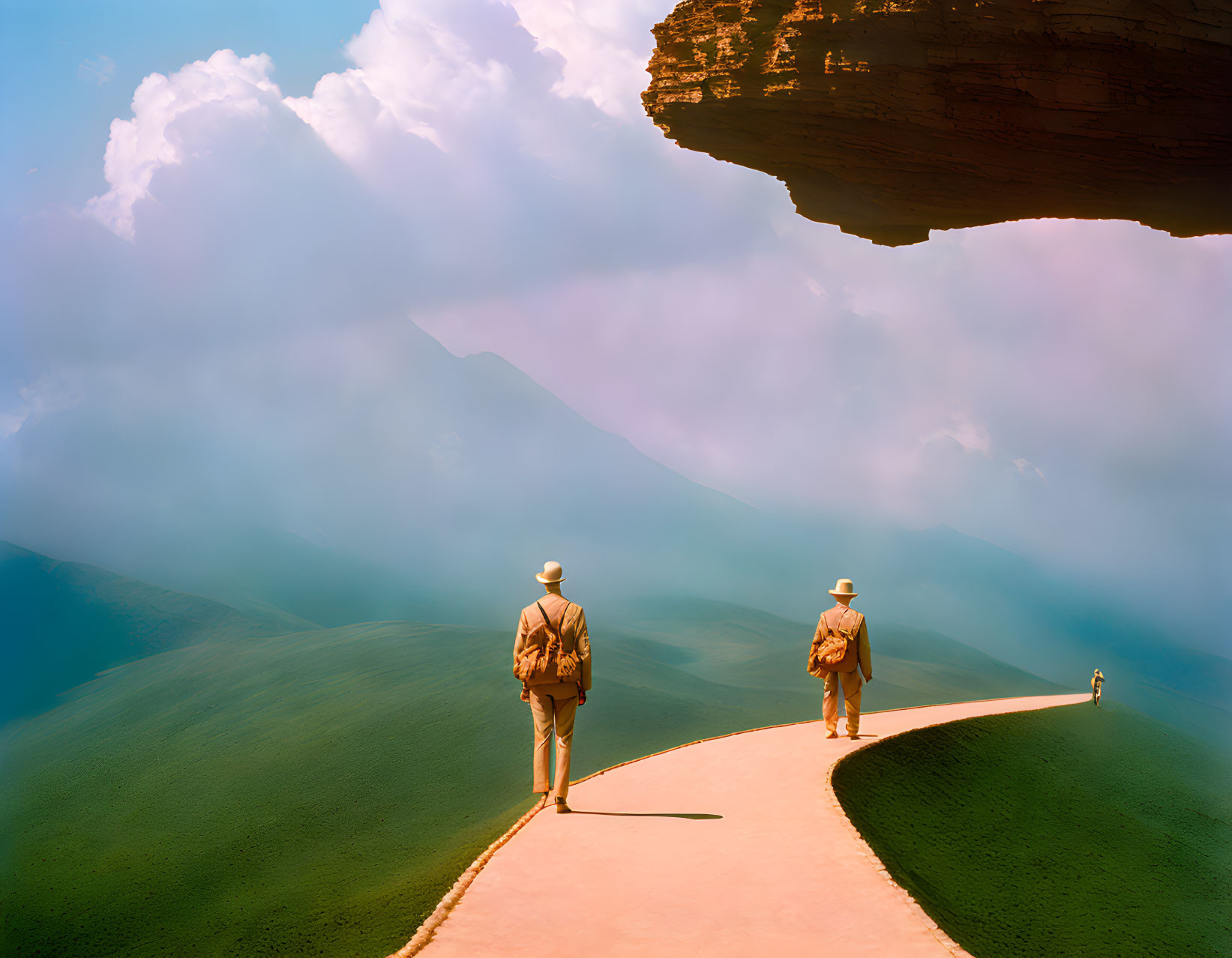 Two individuals in hats on curving hilltop path with majestic mountain backdrop.