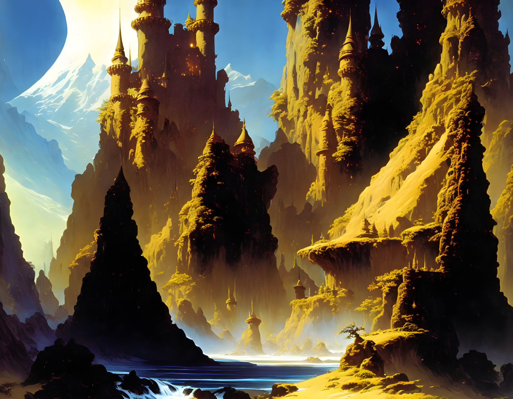 Fantasy landscape with towering spires, cliffs, water, greenery, and snow-capped mountain