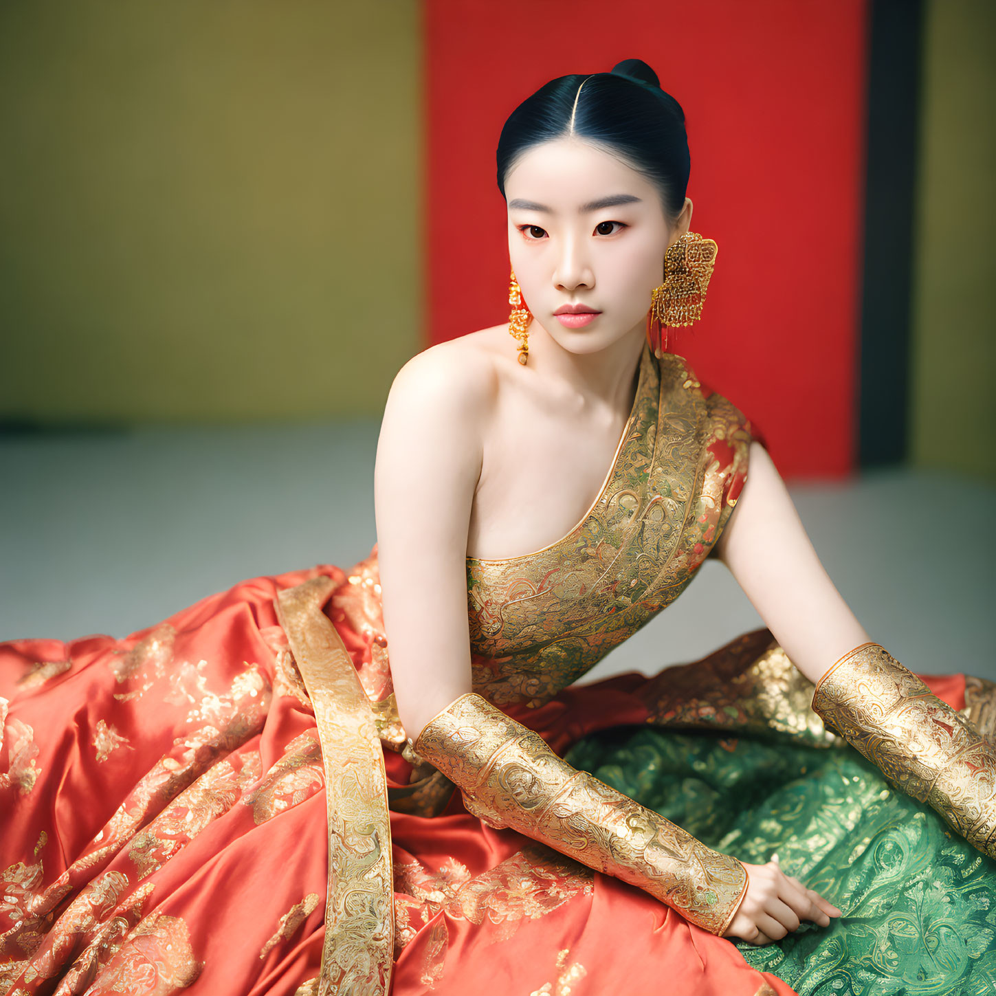 Traditional Asian Attire Woman with Gold Jewelry on Red and Yellow Background