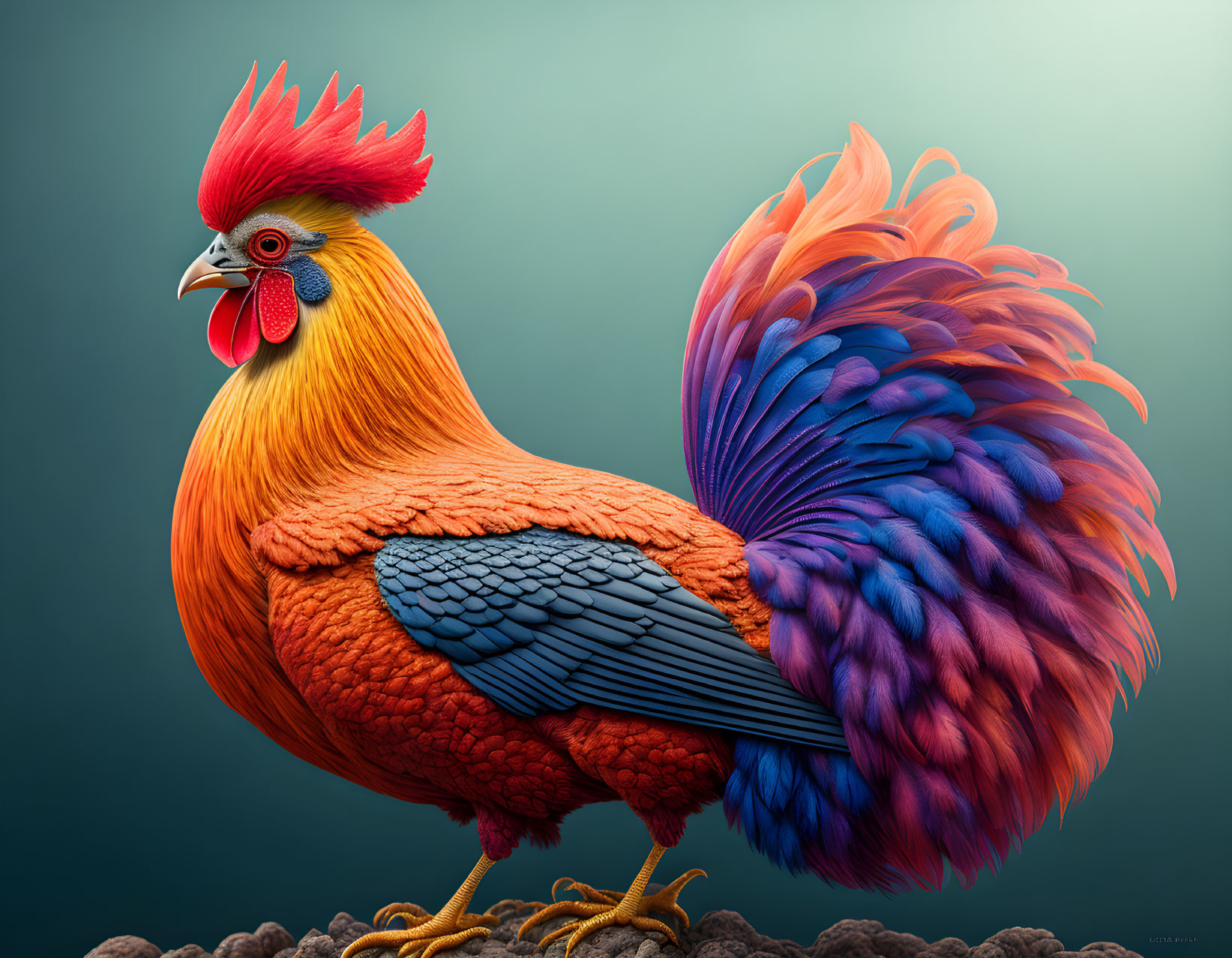 Colorful Rooster Illustration with Red Comb and Purple Tail