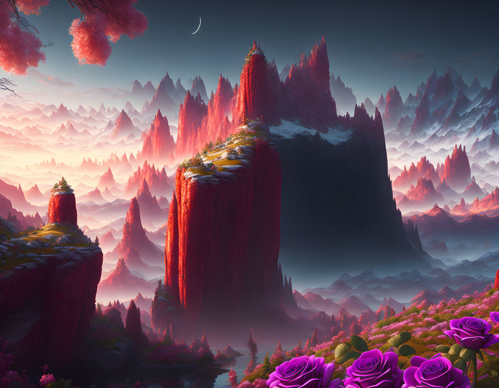 Surreal landscape with pink-tinted peaks and crescent moon