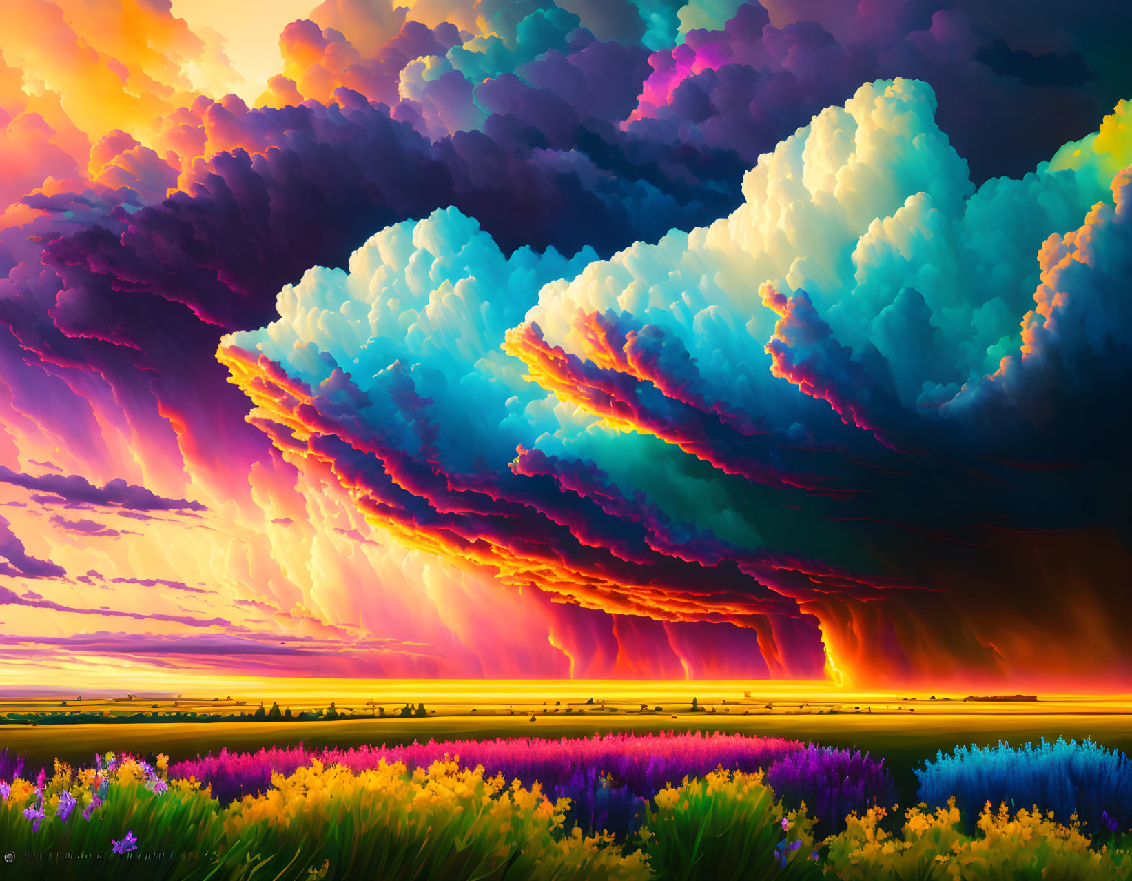 Colorful Sky with Towering Clouds Over Lush Flower Field