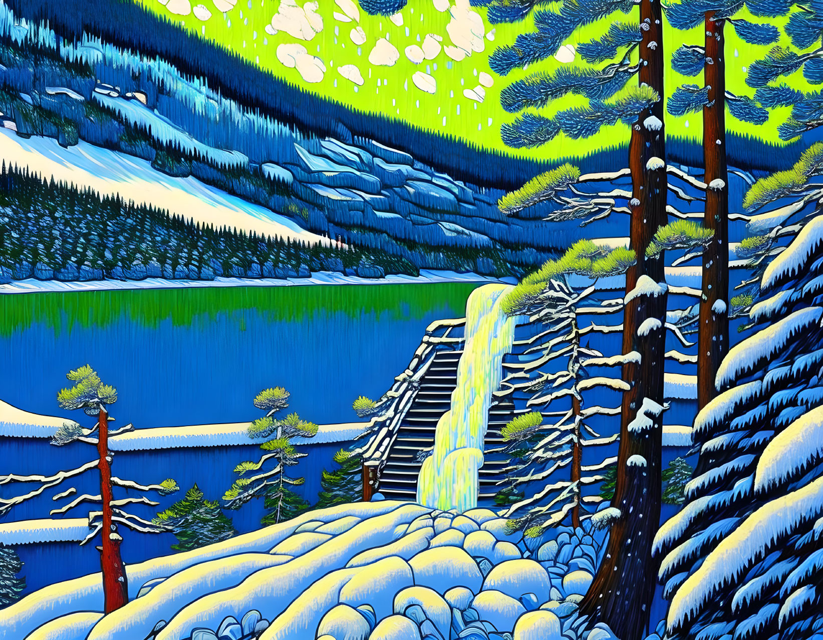 Colorful Stylized Snowy Landscape with Trees, Waterfall, and Lake