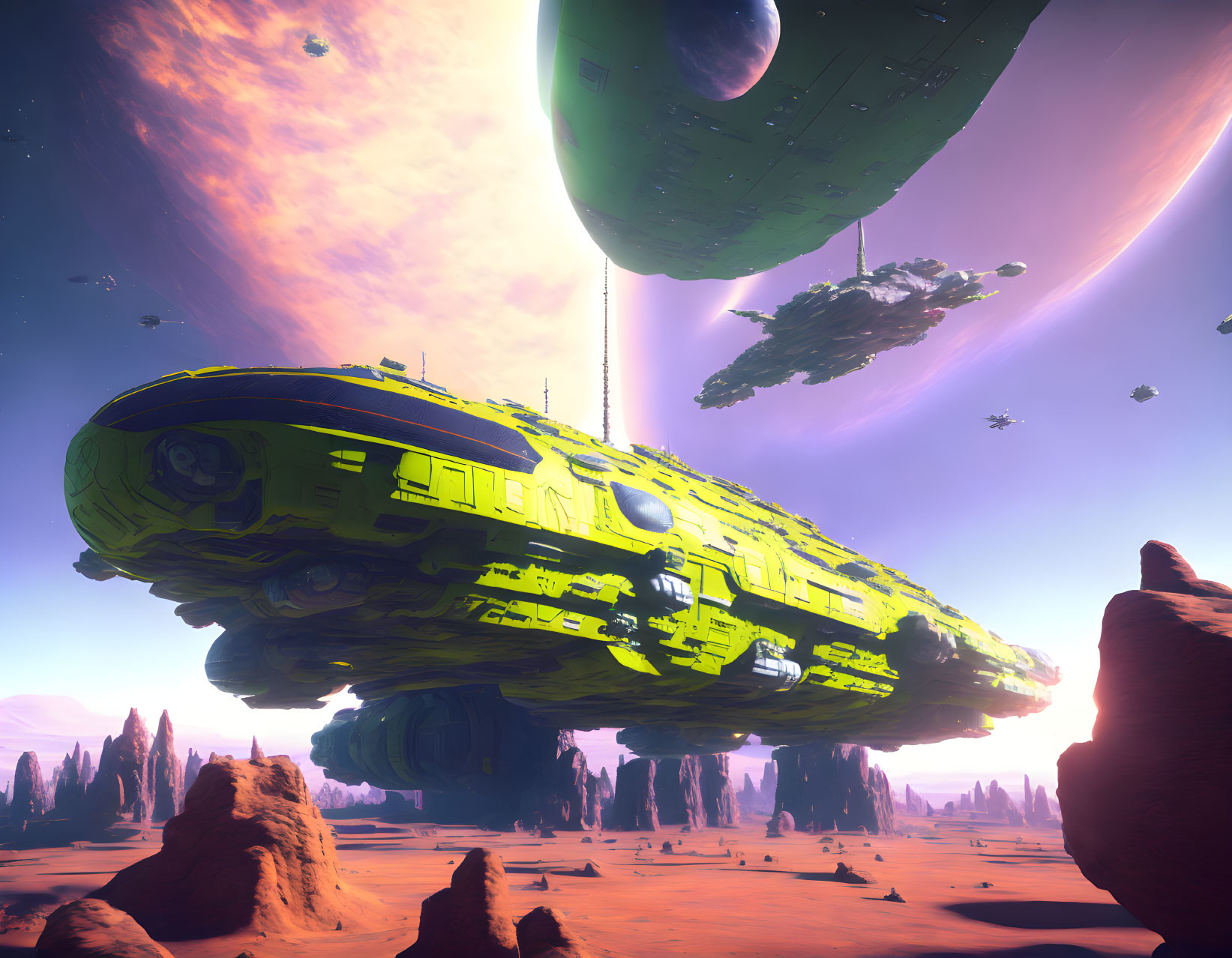 Yellow spaceship flying over alien terrain with ringed planet in sci-fi landscape