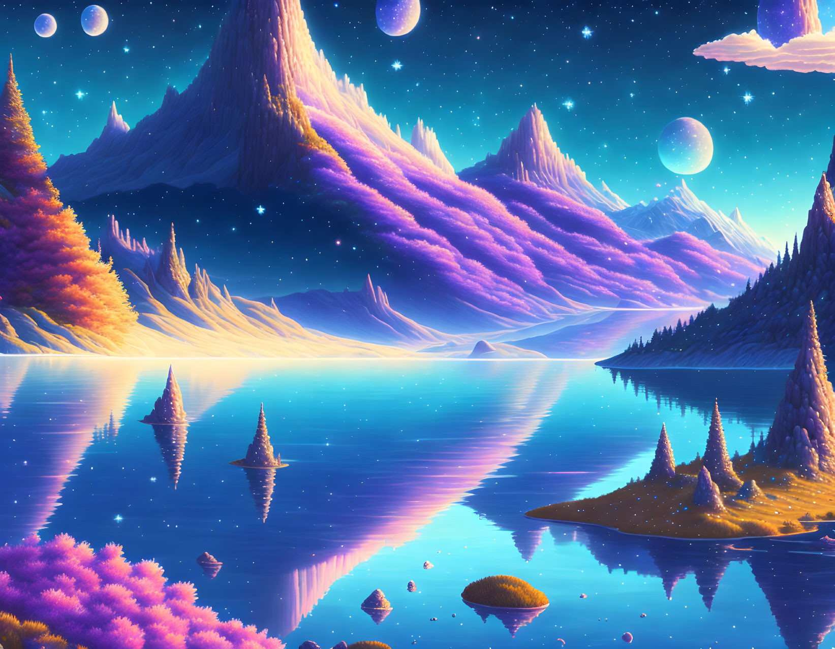 Colorful Fantasy Landscape: Purple Skies, Moons, Lake, and Mountains